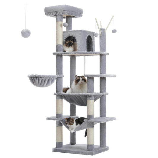 FluffyPaw Large Cat Tree for Indoor Large Cats Tall Cat Tower for Fat Cats with Super Big Hammock, Cat Climbing Trees with Scratching Post Amt0240Gy (691)
