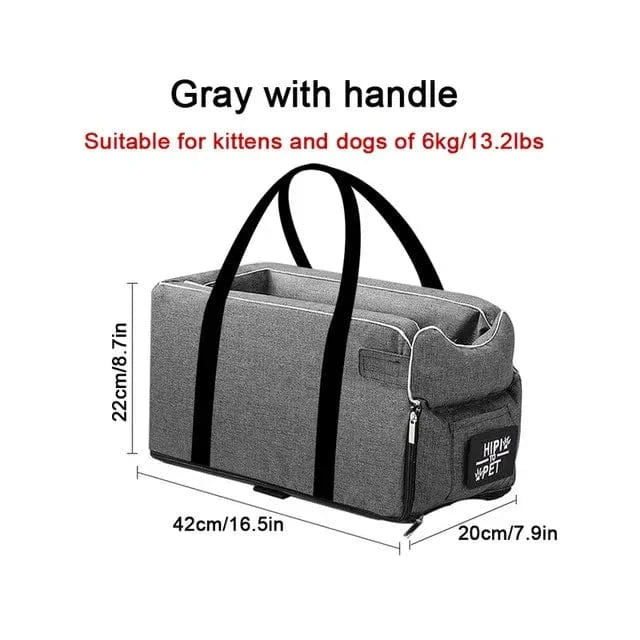 FluffyPaw Portable Dog Car Seat – Central Seat Carrier for Small Pets Gray With Handle / 42X22X20 Cm
