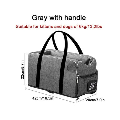FluffyPaw Portable Dog Car Seat – Central Seat Carrier for Small Pets Gray With Handle / 42X22X20 Cm