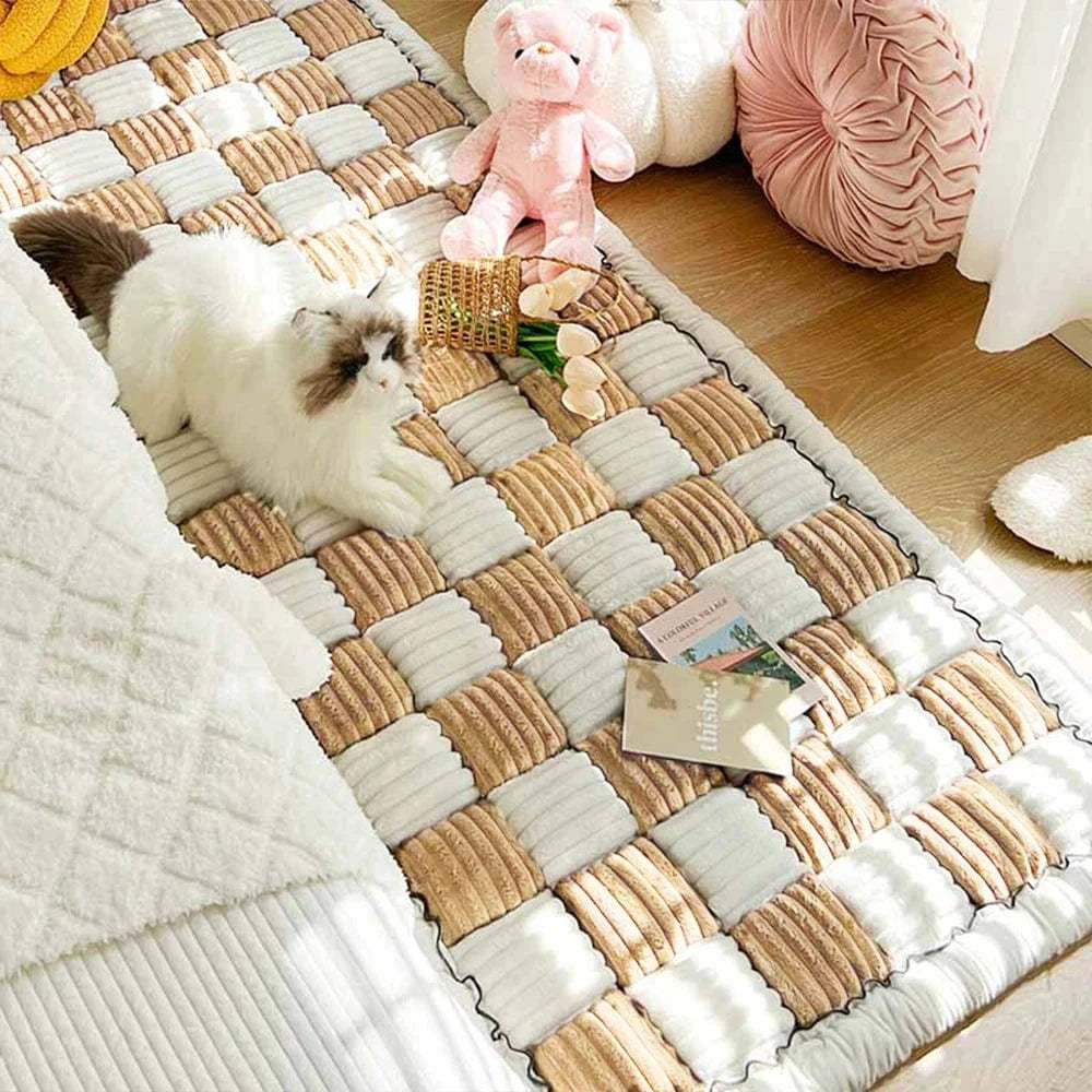 FluffyPaw Washable Anti-Slip Dog Bed Mat & Cat Scratch Blanket for Large Pets Light Brown White / 25.6 X 51.2Inch